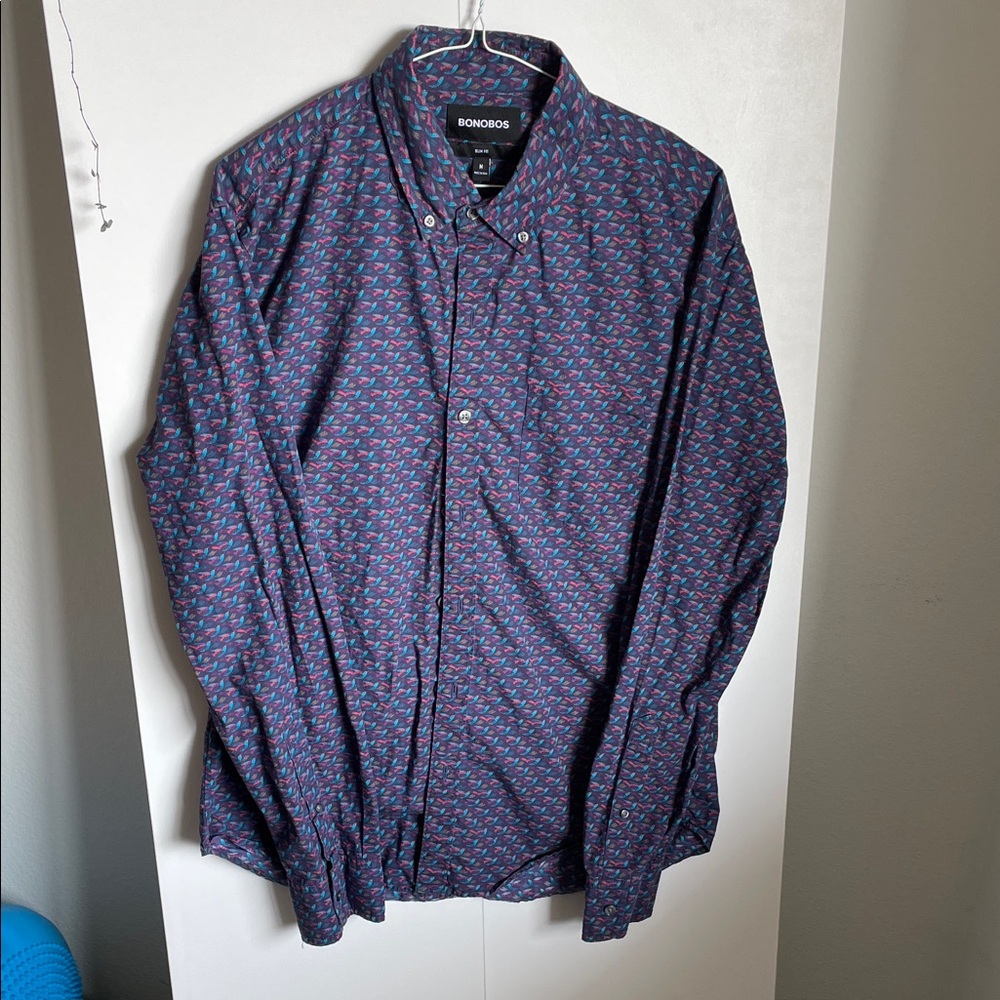 Bonobos Cotton Men's Blue and Red Bird Patterned Button Down Shirt